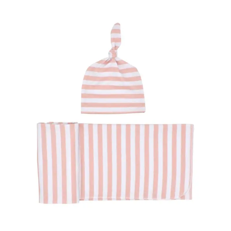 Новые хлопковые детские одеяла с принтом, пеленка для сна для новорожденных мальчиков и девочек, муслиновая накидка+ шапочка, 2 шт - Цвет: Розовый