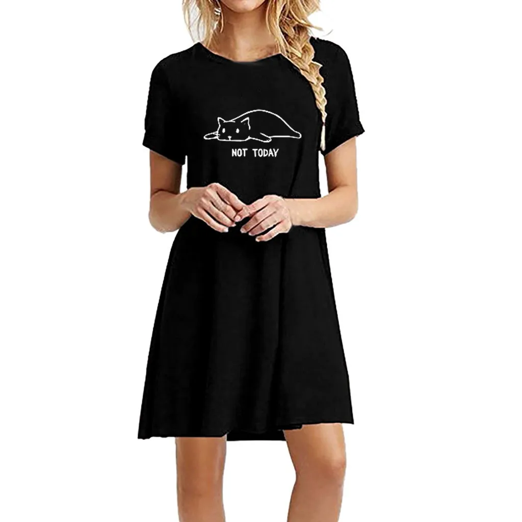 

FREE OSTRICH Dress Women Cat Pattern A-Line Print O-Neck Knee-Length Print Loose Black Dignified Noble Novel Short Dress Summer