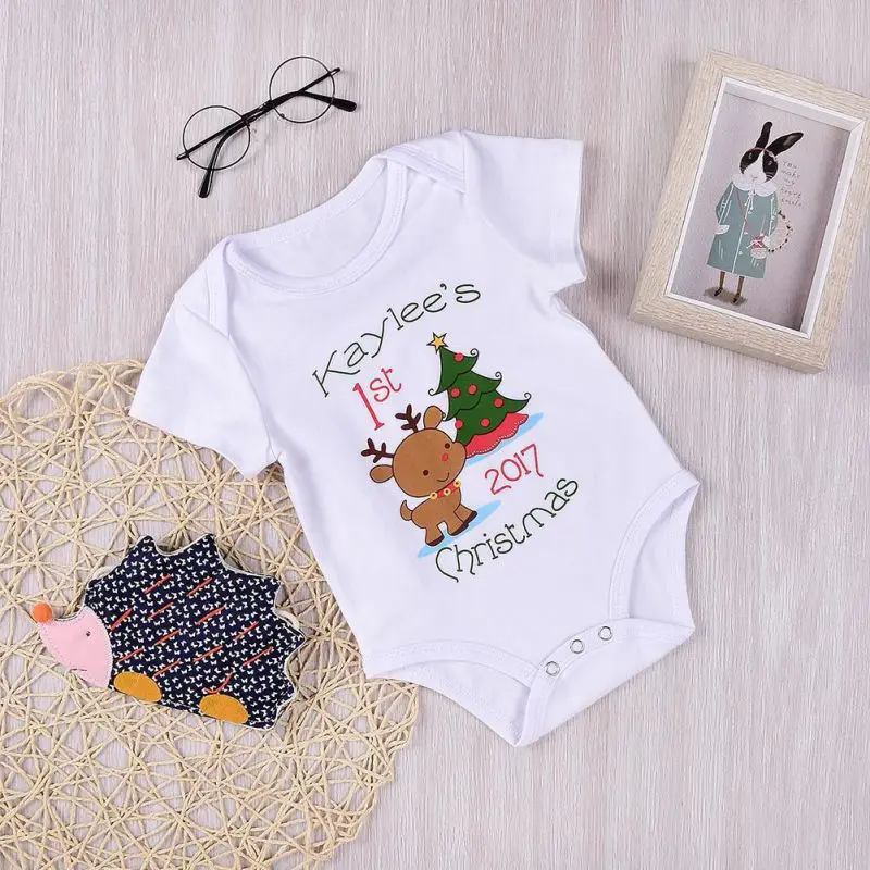 

New Year Christmas Printing Short Sleeve O-Neck Rompers White Autumn Baby Clothing Newborn Jumpsuit Baby Boys Girls Clothes