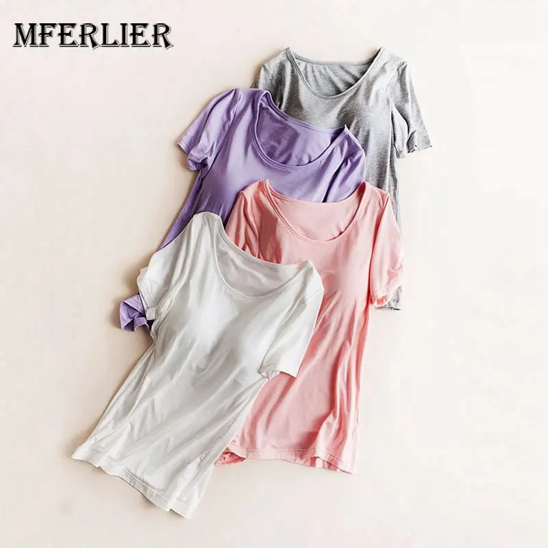

Mferlier Summer Basic T Shirt Women O Neck Short Sleeve Padded Solid White Black Gray Wine Red Modal T-Shirt