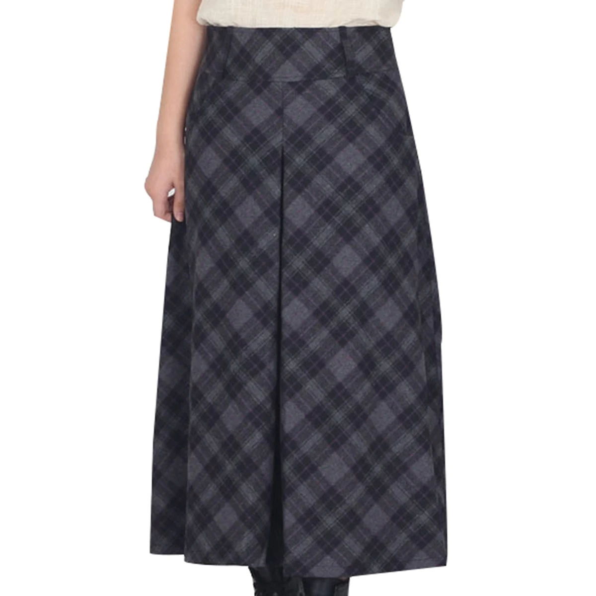 

High Quality Women Lady Casual Office Blend Woolen Pleated External Pocket Ankle Length Maxi A Line Tartan Expansion Skirt