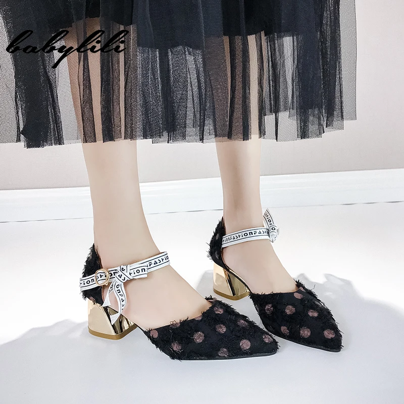

Woman Mature Female Ankle Bandage Sandal for Dress 2019 New Summer Pointed Toes Dot Sandals Women High Heels Elegenat Shoes