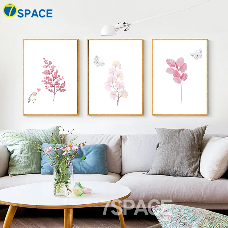 

Cartoon Pink Leaves Butterfly Wall Art Canvas Painting Nordic Posters And Prints Watercolor Wall Pictures Kids Room Wall Decor