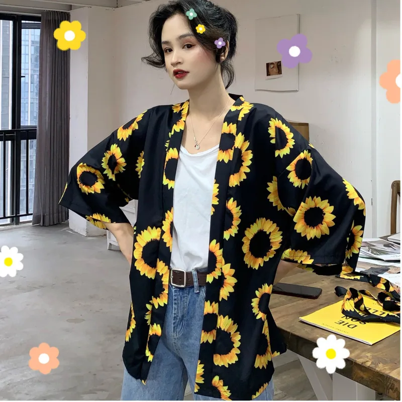 

#5066 Sunflower Printed Chiffon Kimono Cardigan Shirt Women Black Summer Loose Japanese Kimono Shirt Ladies Harajuku Thin Blouse