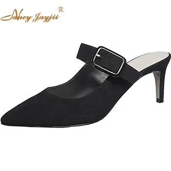 

Summer Black&White Thin Heels Pointed Toe Sandals Woman Med Kitten Buckle Large Size 11 14 Beautyfeet Soft Leather Dress 2019