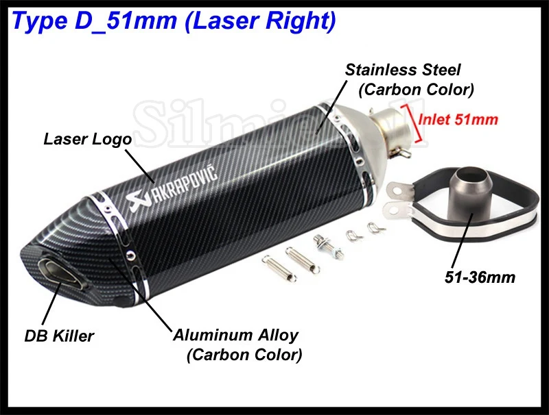 Универсальный мотоцикл выхлопной модифицированный Akrapovic глушитель FZ6 CBR250 CB600 MT07 ATV Dirt Pit Bike выхлопной вход 51 мм 61 мм - Color: D-51mm (Laser Right)