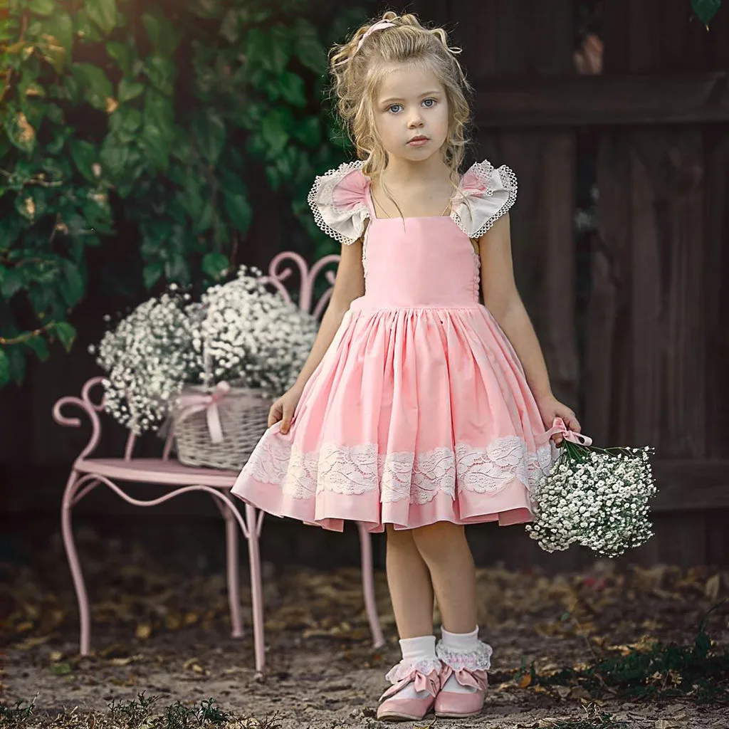 

HOOLER 2019 summer Children's Dress 2019 Toddler Baby Girls Ruffles Sleeveless Backless Straps Lace Sundress Clothe Dress
