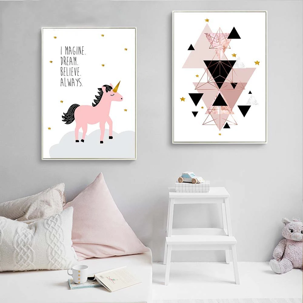 Pink Unicorn Wall Art Canvas Painting Minimalist Geometry Abstract Nordic Posters Prints Decorative Pictures Kids Bedroom Decor Painting Calligraphy Aliexpress aliexpress