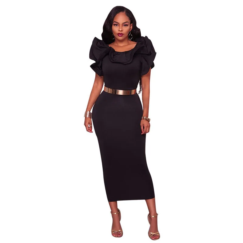 Women Fashion Formal Party Wear Dress Black Rose Carmine Solid Tight Fitting Ruffle Neckline Design Mid-Calf Wrapped Vestidos (1)