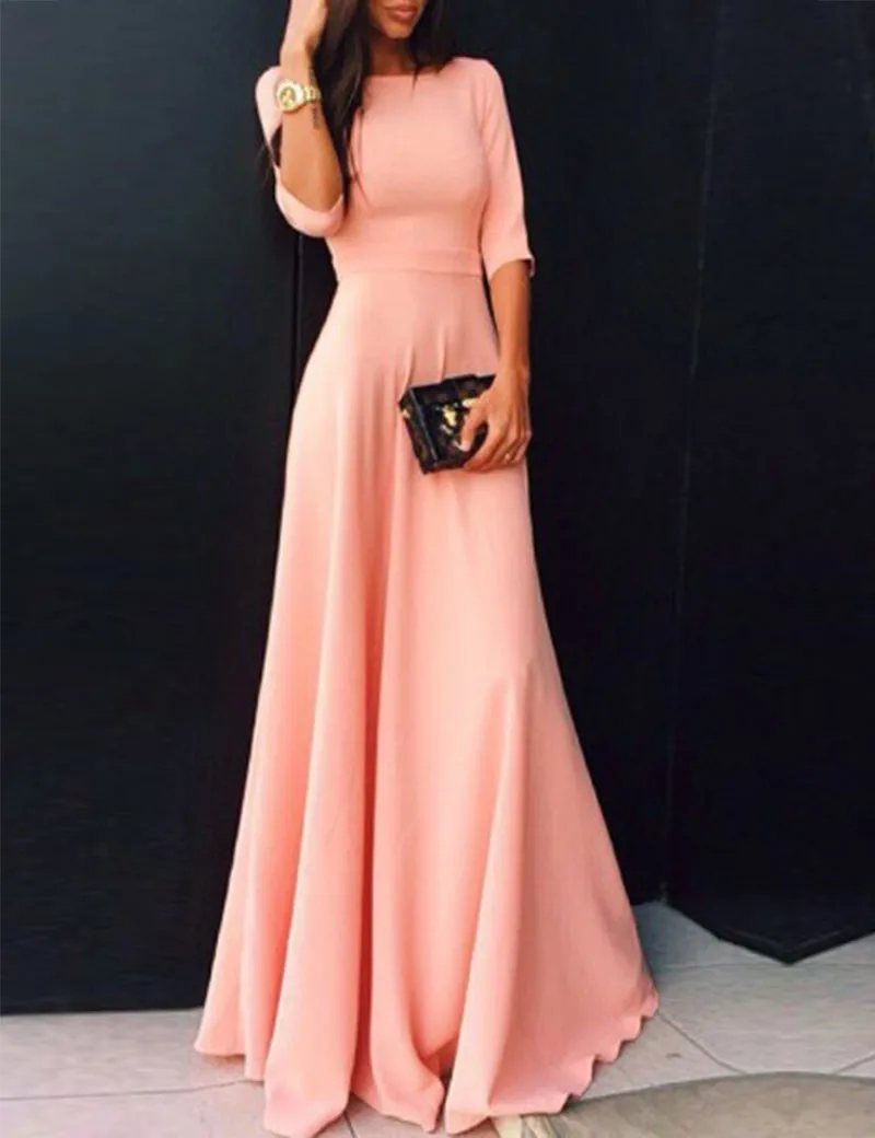

Coral Long Modest Bridesmaid Dresses With Half Sleeves A-line Floor Length Wedding Party Dresses Modest Cheap Custom Made 2019