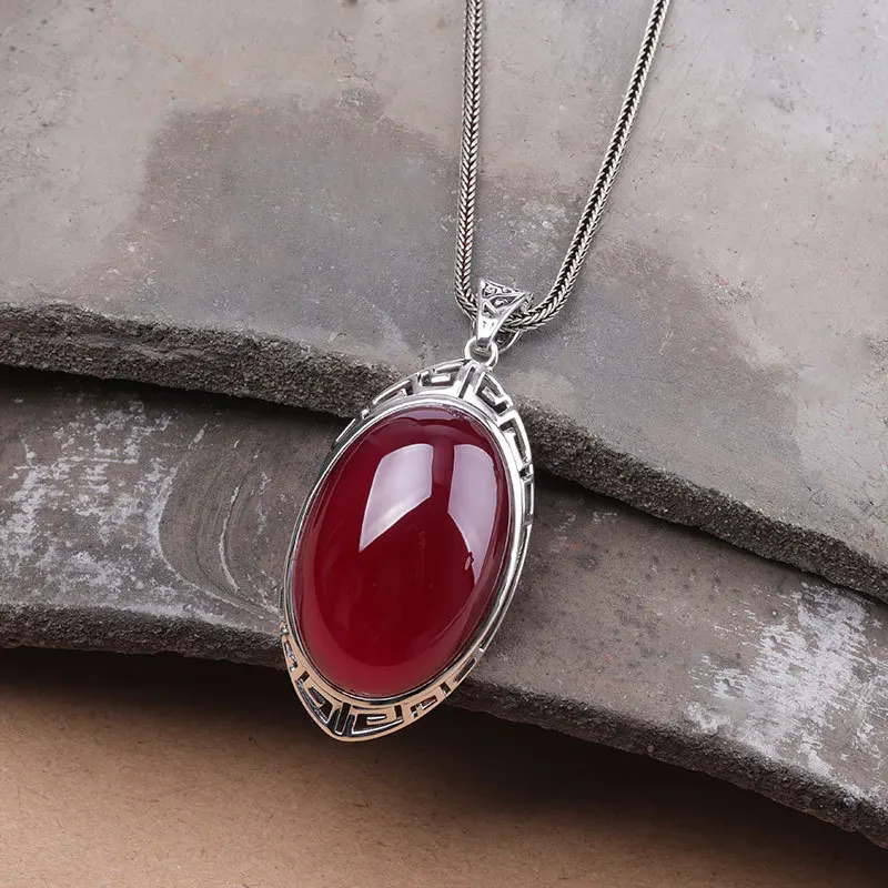 Pendant Necklace Silver Necklace Silver Pendant Necklace Pendant Real 925 Sterling Silver Big Gemstone Fine Jewelry Oval Red Ruby Pendant Vintage Hollow Pattern Women RP01