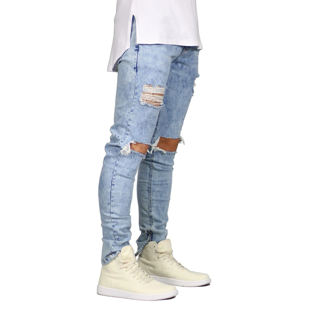 Эластичные мужские обтягивающие джинсы с боковой молнией, модные повседневные рваные джинсы в стиле хип-хоп T0283