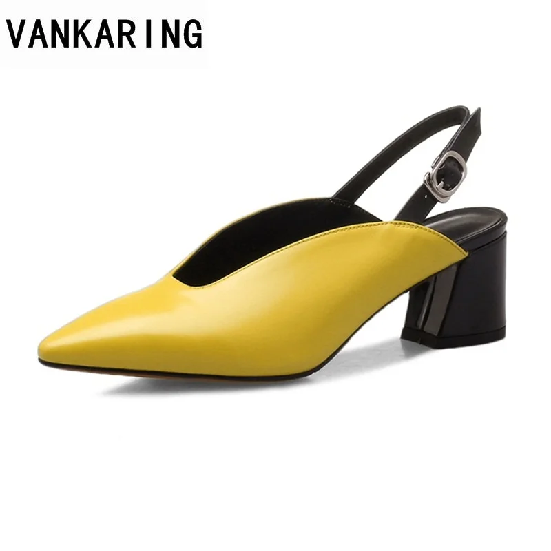 

VANKARING women pumps shoes new fashion middle heels pointed toe yellow shoes ladies buckle strap dress office woman pumps