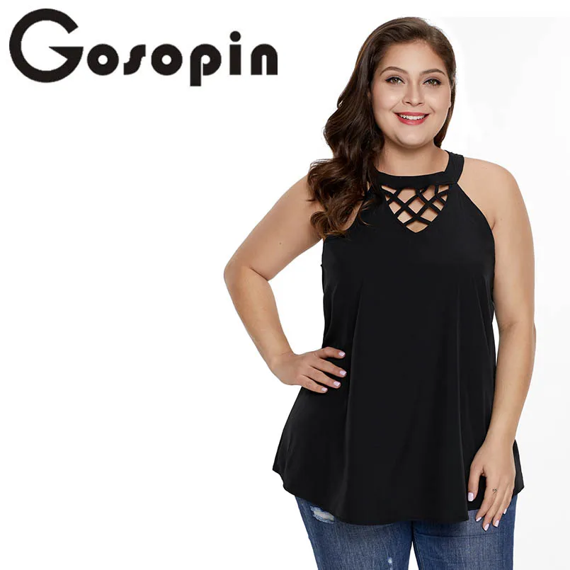 

Gosopin Plus Size Summer T Shirt Women O Neck Hollow Out Shirt Sexy Big Size Sleeveless Tops Tees Fashion Casual T-Shirts 251831