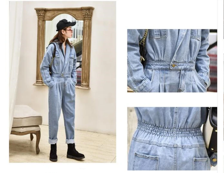 Модные уличные джинсы комбинезон для женщин Свободные винтажные женские джинсовые комбинезоны эластичный пояс с длинным рукавом синий комбинезон брюки
