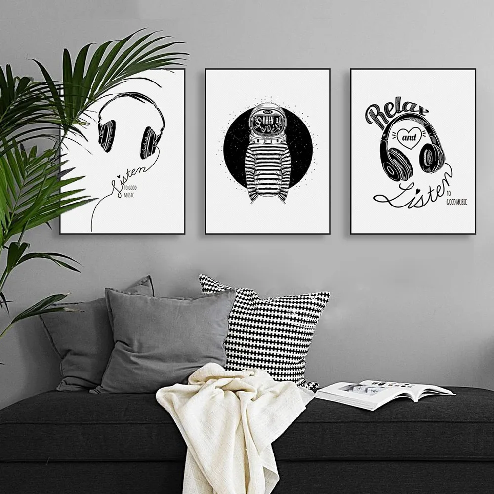 Abstrak Hitam Putih Headset Musik Kanvas A4 Art Print Poster Dinding