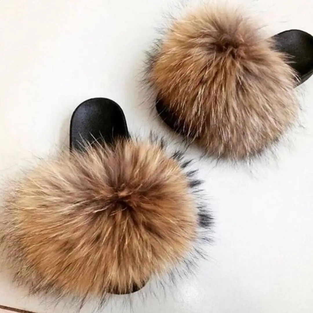 

2019 Summer fox fur slides Cute Plush Fox slippers 100% real fox hair luxury fashion beach slippers size 36-45