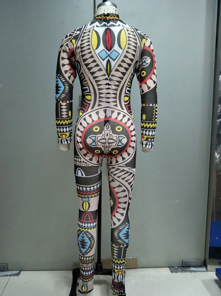 Летний женский этнический тату принт сетка комбинезон пышный Африканский ацтекский комбинезон облегающий костюм для знаменитостей спортивный комбинезон