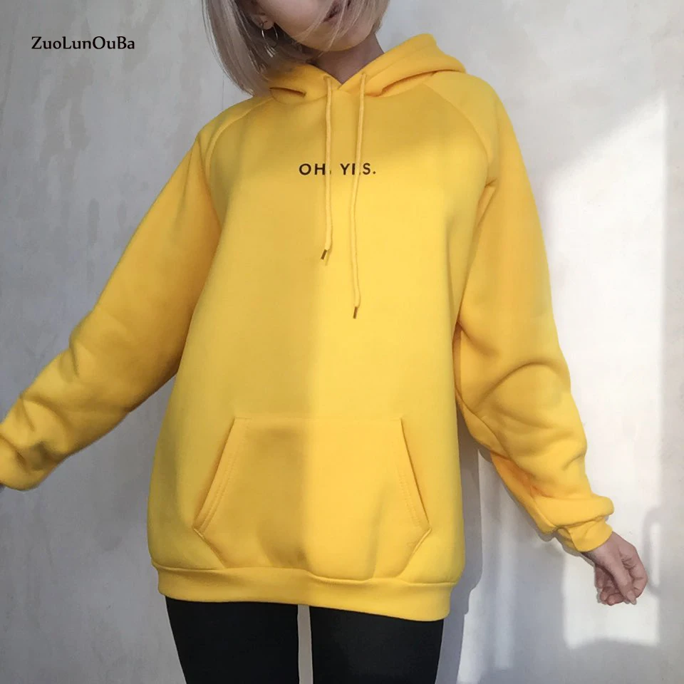 

Zuolunouba Autumn Winter Fashion yellow Fleece Harajuku Pullover Female Loose Women Hoodie Sweatshirts casual coat