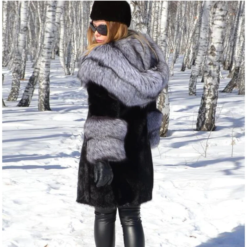 

Winter Real Rabbit Fur Coat With Silver Fox Fur Hood Collar New Women Natural Fur Top Grade Elegant Casual Natural Fur 12.11