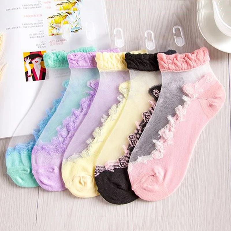 

1Pair Women Lace Ruffle Ankle Sock Soft Comfy Sheer Silk Cotton Elastic Mesh Knit Frill Trim Transparent Women's Socks W715