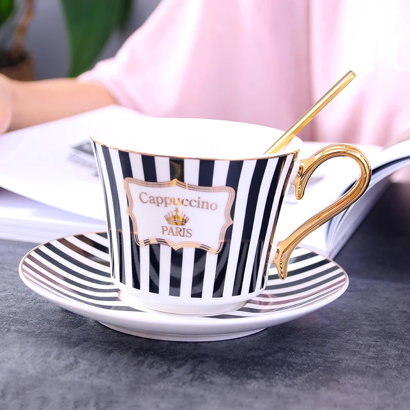 Concise Stripe Bone China Coffee Cup Saucer With Gold Spoon Elegant Ceramic Paris Tea Cup 225ml Porcelain Teacup Cafe Drinkware - Cups & Saucers - Concise Stripe Bone China Coffee Cup Saucer With Gold Spoon Elegant Ceramic Paris Tea Cup 225ml Porcelain Teacup Cafe Drinkware - Cups & Saucers -