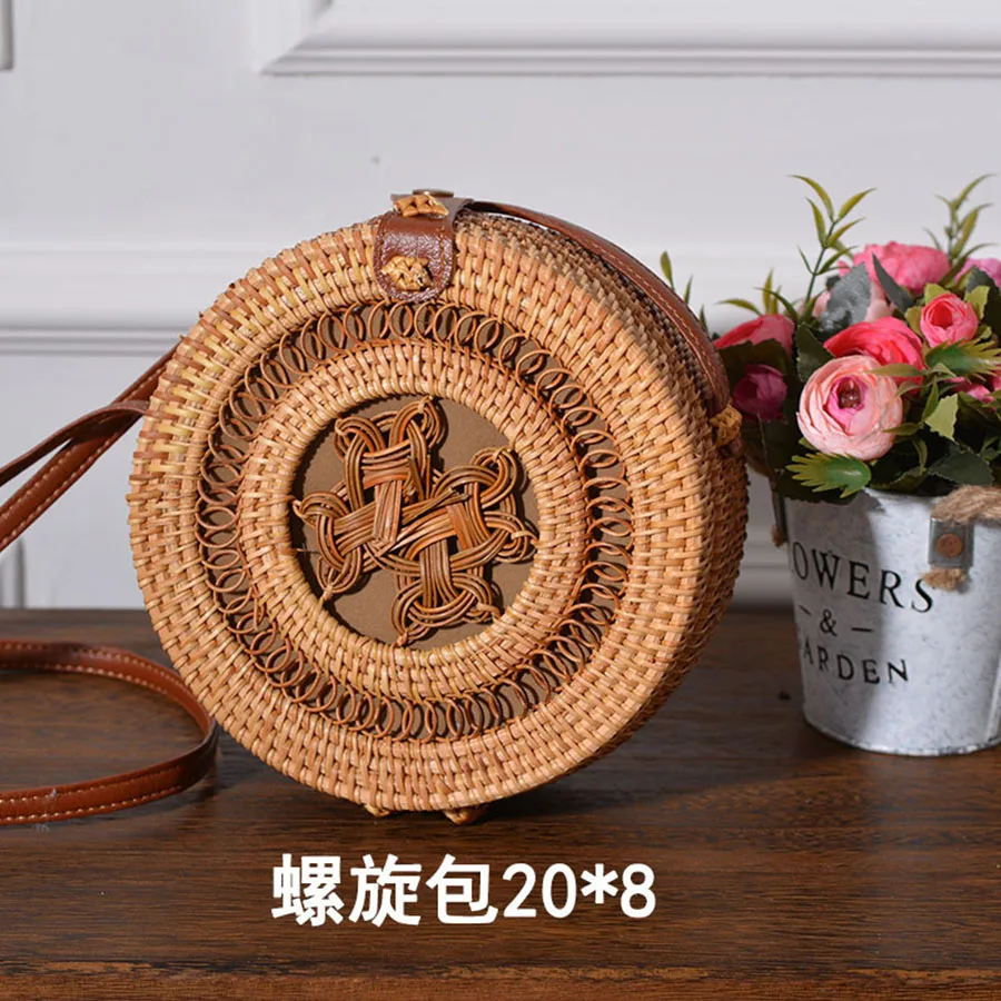 20cm Big Size Handmade Circle Chinese Bowknot Women Rattan Bags Spiral Style Hollow Out Flowers Female Shoulder Bags B380