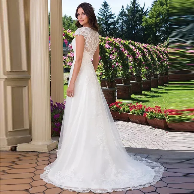 

Princess Wedding Dress Cap Sleeve O Neck Boho A Line Appliques Vestido De Noiva Train Bridal Gown Free Shipping