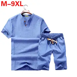 Большой размер M-9XL летний льняной короткий комплект мужской брендовая мужская футболка Дышащий Повседневный пляжный комплект 2019 футболка