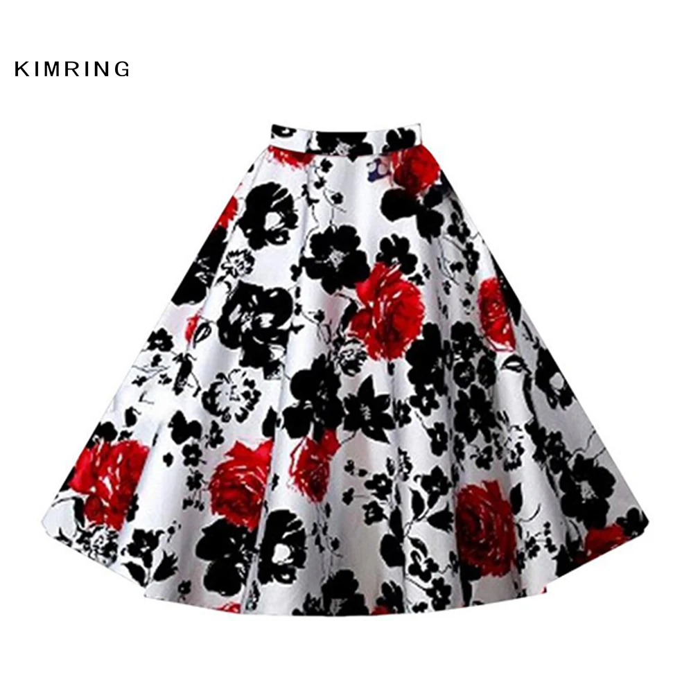 

Kimring 50s Floral Printed Cotton Skirt Fashion Women Retro Casual Vintage High Waist Skater Skirt Rockabilly Vestidos