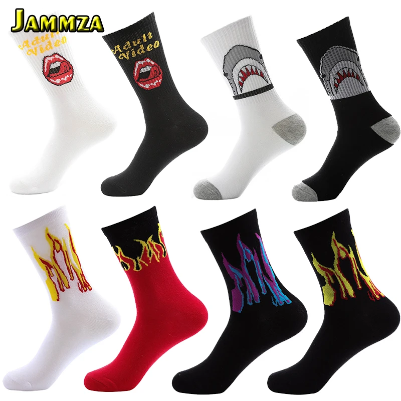 

New Europe Style Men Fashion Socks Cotton Hiphop Skateboard Harajuku Shark Socks Flame HOT Casual Street Sporty Crew Wild Socks