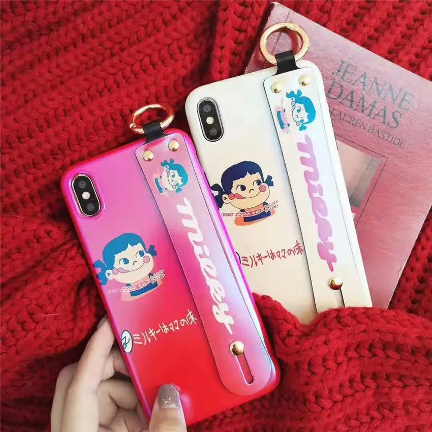 Phone Back Case Capa For iPhone XR XS MAX 6s 8 7 Plus Cute Candy Milky Lollipop Japan Cartoon Holder Stand Covers With Wristband |