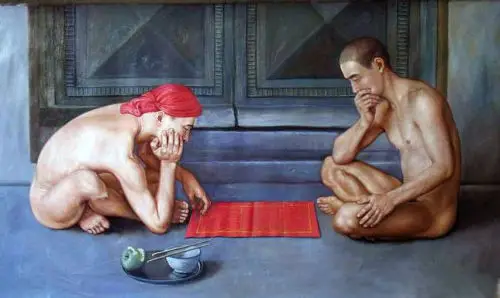 Огромный семейный мужской портрет два молодых человека играют в шахматный холст