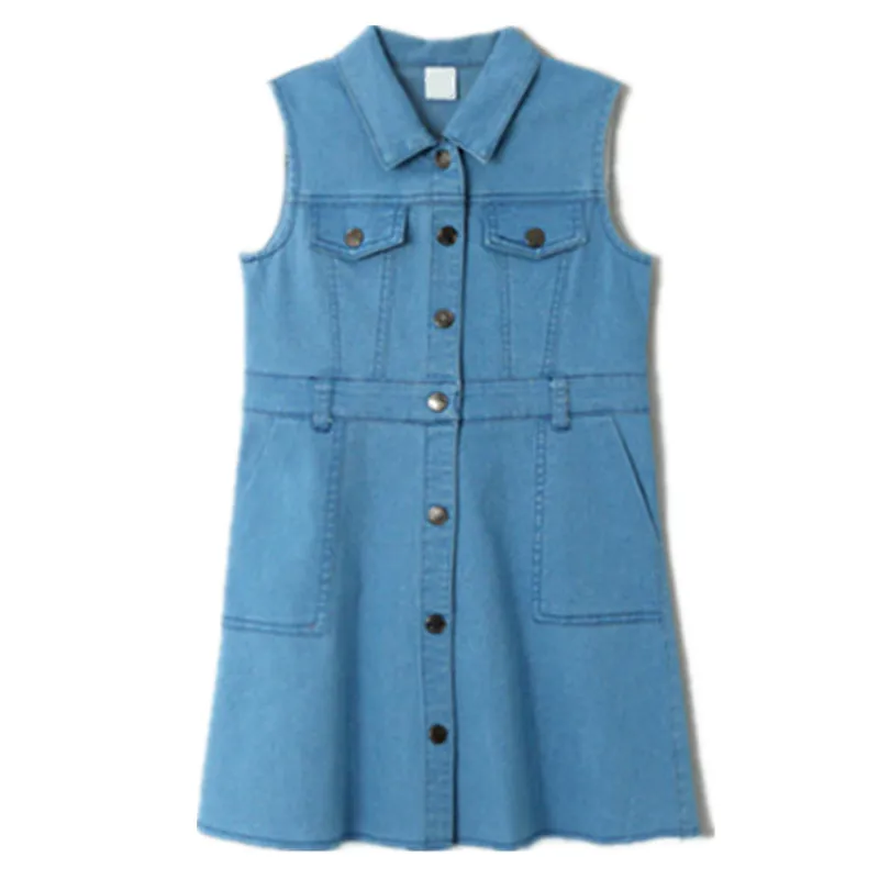 

3 to 14 years kids & teenager girls summer jeans blue turn-down collar two pockets sleeveless casual dress children jeans dress