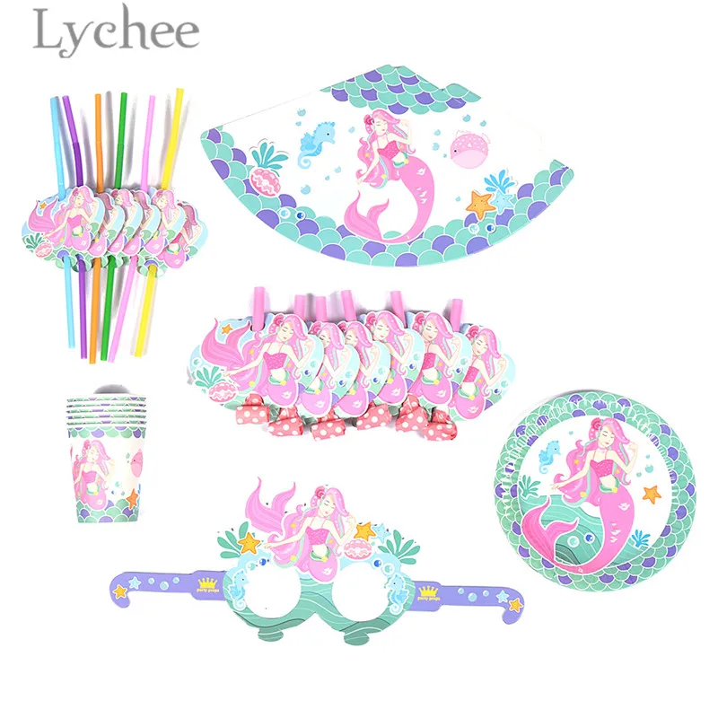 

Lychee 36pcs Mermaid Flamingo Unicorn Dinosaur Pattern Tableware Sets Disposable Paper Plates Tableware Birthday Party Supplies