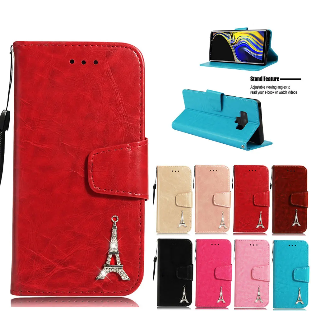

FQYANG Luxury Hand Strap Flip Wallet case For Samsung Note9 S9 PLUS 3D Eiffel Tower Diamond Wallet Magnetic Stand Leather Case