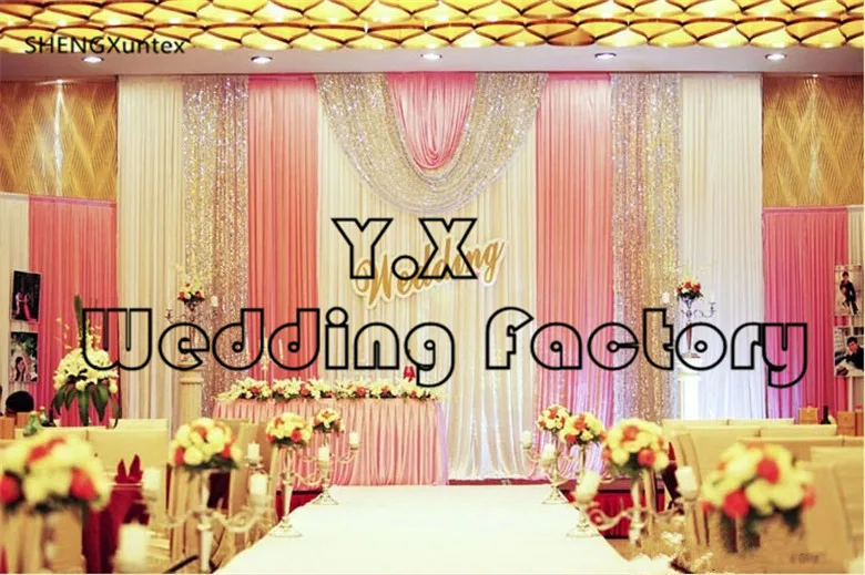 

Nice looking Wedding party Backdrop curtain Drape With Pink Swag Drape silver sequin fabric 3m*6m