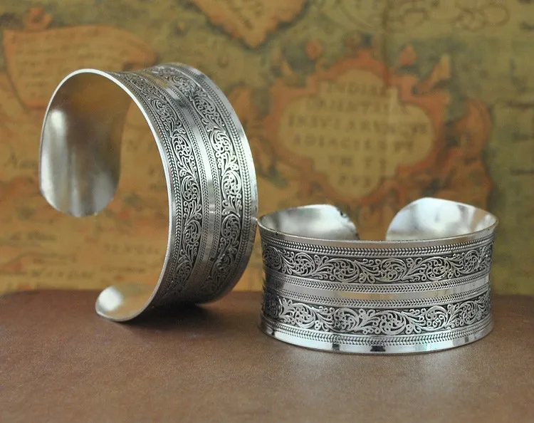 Винтаж манжеты браслет из тибетского серебра резные цветочным геометрическим узором животных открытие браслет регулируемый индийские украшения Для женщин Подарки