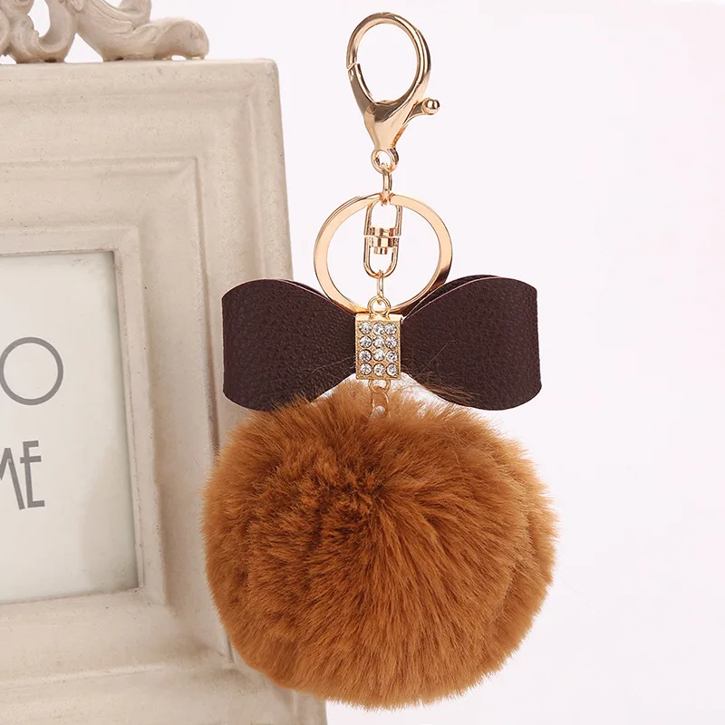 

8cm Bowknot Rhinestone Faux Rex Rabbit Fur Ball Key Chain Fluffy Fur Pom Pom Key Ring Women Car Handbag Pendant Keychain Gifts