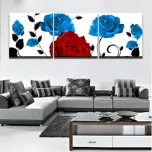 Cuadros de decoración del hogar en lienzo arte de pared 3 paneles rosas azules flores rojas Vintage cuadros modulares para sala de estar HD impreso