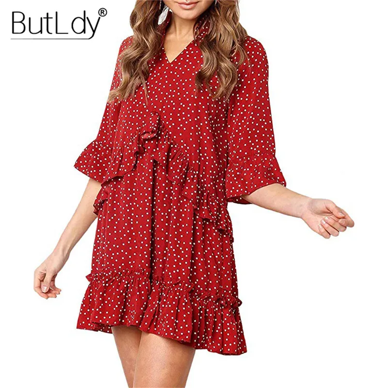 

Polka Dot Print Ruffle Dress Women Half Butterfly Sleeve Casual Short Dress 2019 Spring Summer Fashion Vintage Ladies Dresses