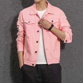 

Good Quality Men Holes Pink Denim Jackets Large Size Denim Coats New Fashion Men Autumn Slim Jean Jackets Size 5XL