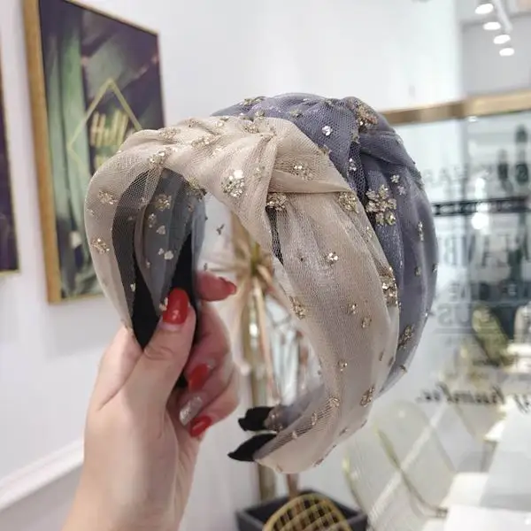 

New Good Quality Gold Sequins Flower Decorated Yarn Cloth Centre Knotted Hair Bands For Women Hair Accessories Wide Hair Bands