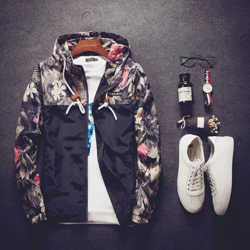 Куртка с цветочным принтом 2018 новый осень мужская куртка капюшоном Slim Fit длинным