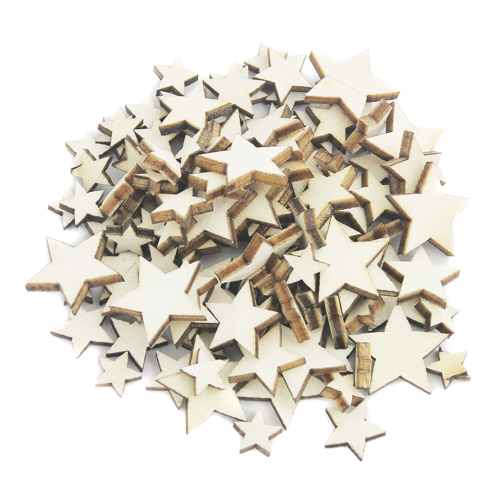 100Pcs Assorted Size Natural Wood Star Plain Shabby Chic Craft Scrapbook for Vintage Shabby Chic Wedding DIY Craft Decoration