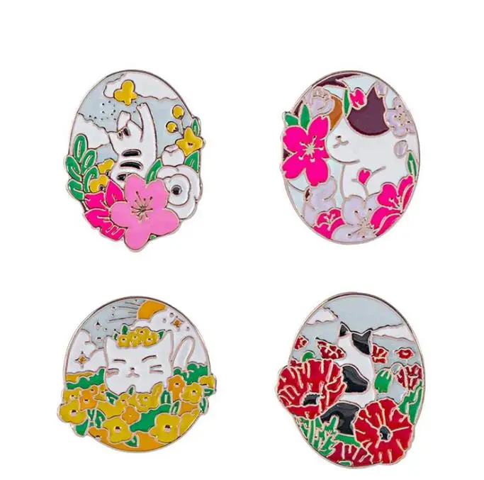 

Cartoon Cute Metal Cat Kitty Flower Round Enamel Brooch Pin For Women Fashion Bag Badge Geometry Brooches jewelry