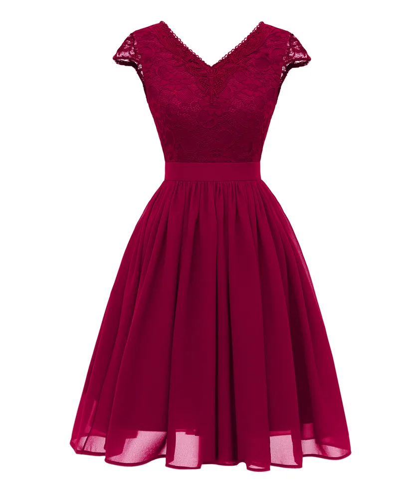 LSYCDS, роскошное Ретро женское платье, 50 s, 60 s, v-образный вырез, короткий рукав, длина до колена, тонкое кружевное платье, повседневные, вечерние, для женщин, винтажные платья - Цвет: wine red