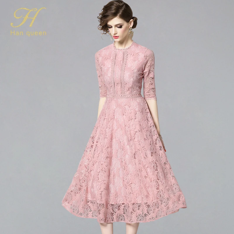 

H Han Queen Women 2019 Summer Dresses Hollow Out Women Half Sleeve Floral Crochet Casual Pink Lace Dress Femininas Vestidos