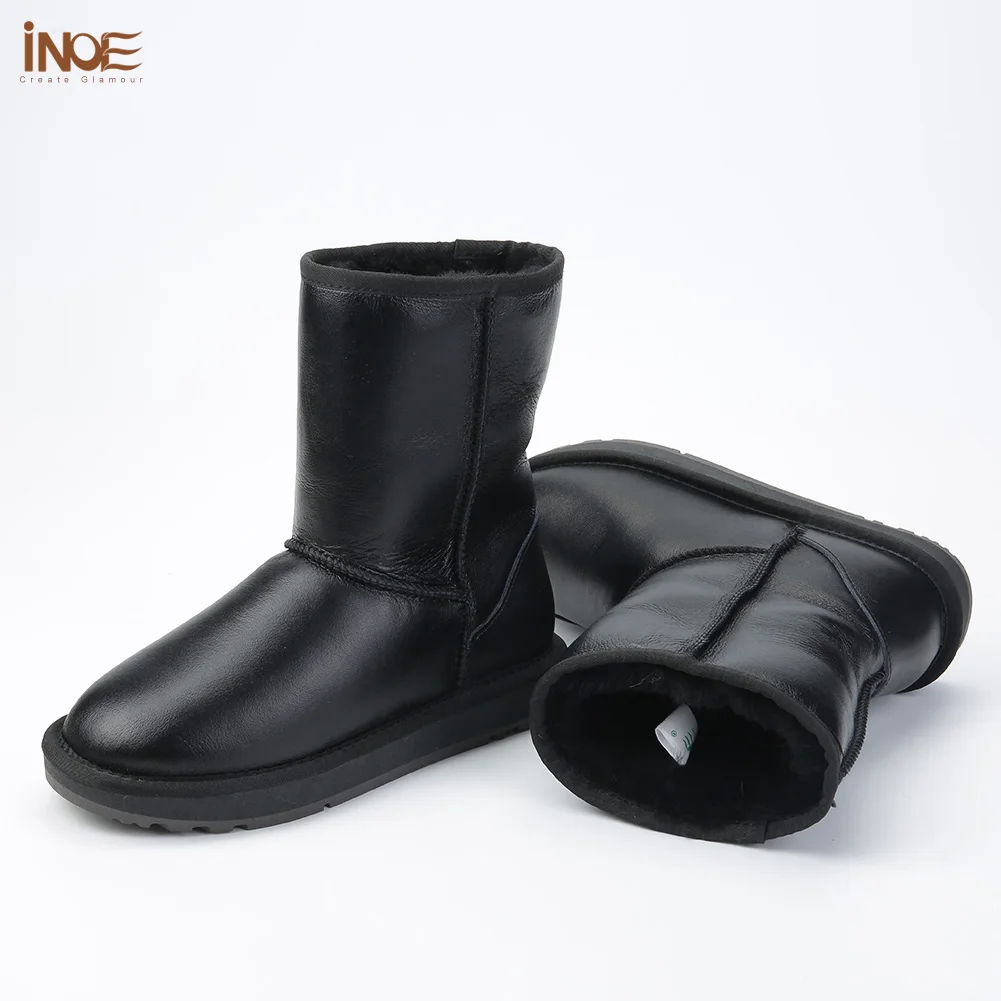 Baratos INOE Classic piel de oveja forrado de piel y lana botas de invierno a media pantorrilla para mujer botas de nieve básicas zapatos impermeables negro gris