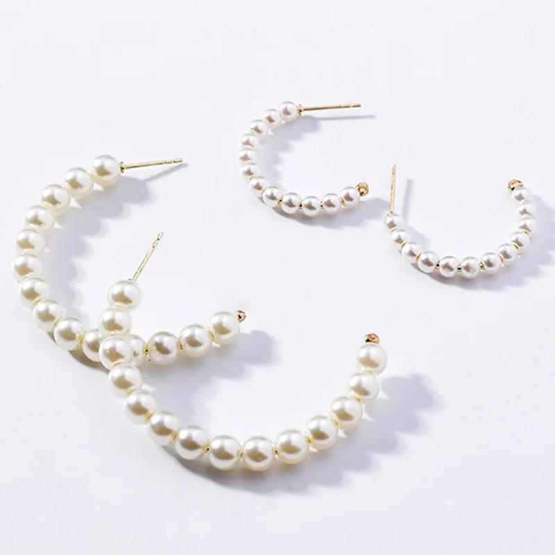 

Korean Fashion Opening C Shaped Minimalist Pearl Hoop Earrings For Women Exaggerated Big Small Hoops For Party Pearl Earring